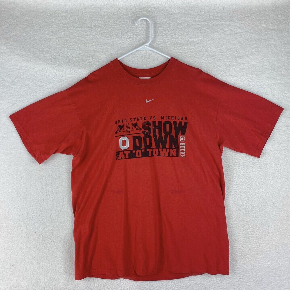 Vtg Y2K Nike T Shirt Mens L Red Center‎ Swoosh Ohio State vs Michigan Football